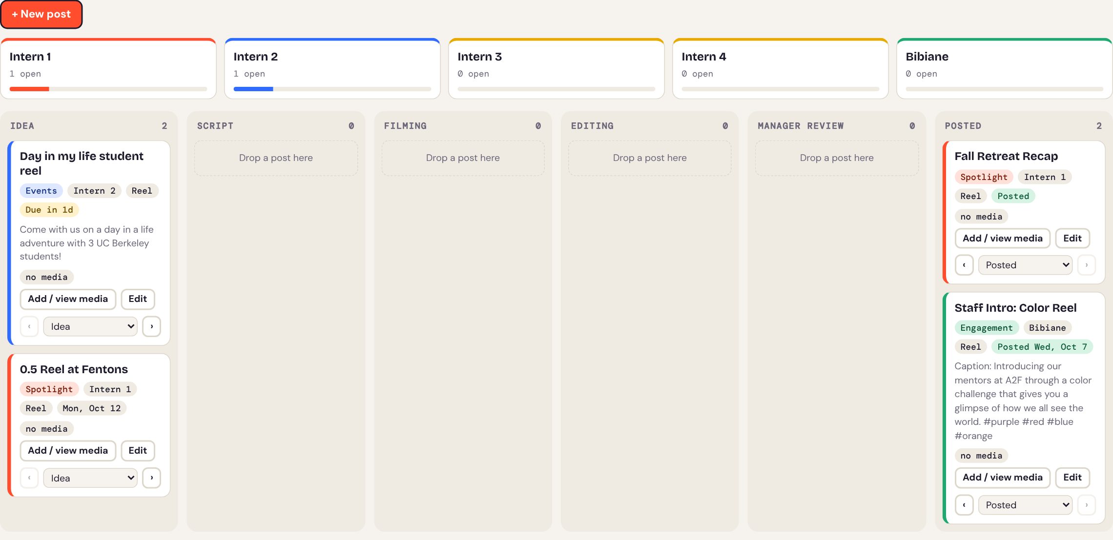 Pipeline view: workload cards for each team member above six columns, Idea, Script, Filming, Editing, Manager review and Posted, holding color-coded post cards